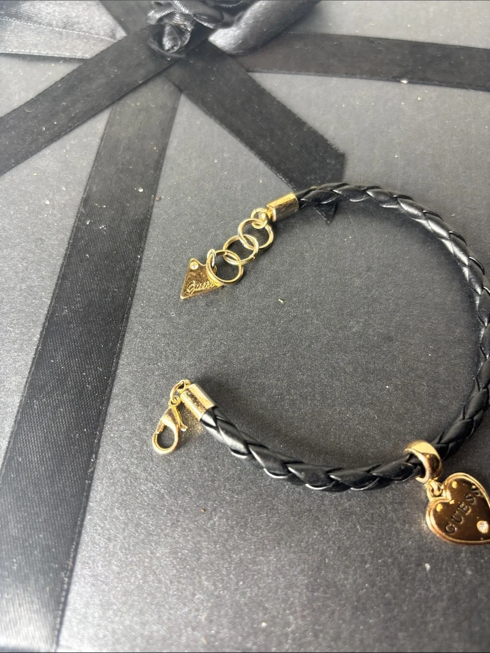 GUESS Black Braided Leather Bracelet with Gold Heart Charm Adjustable